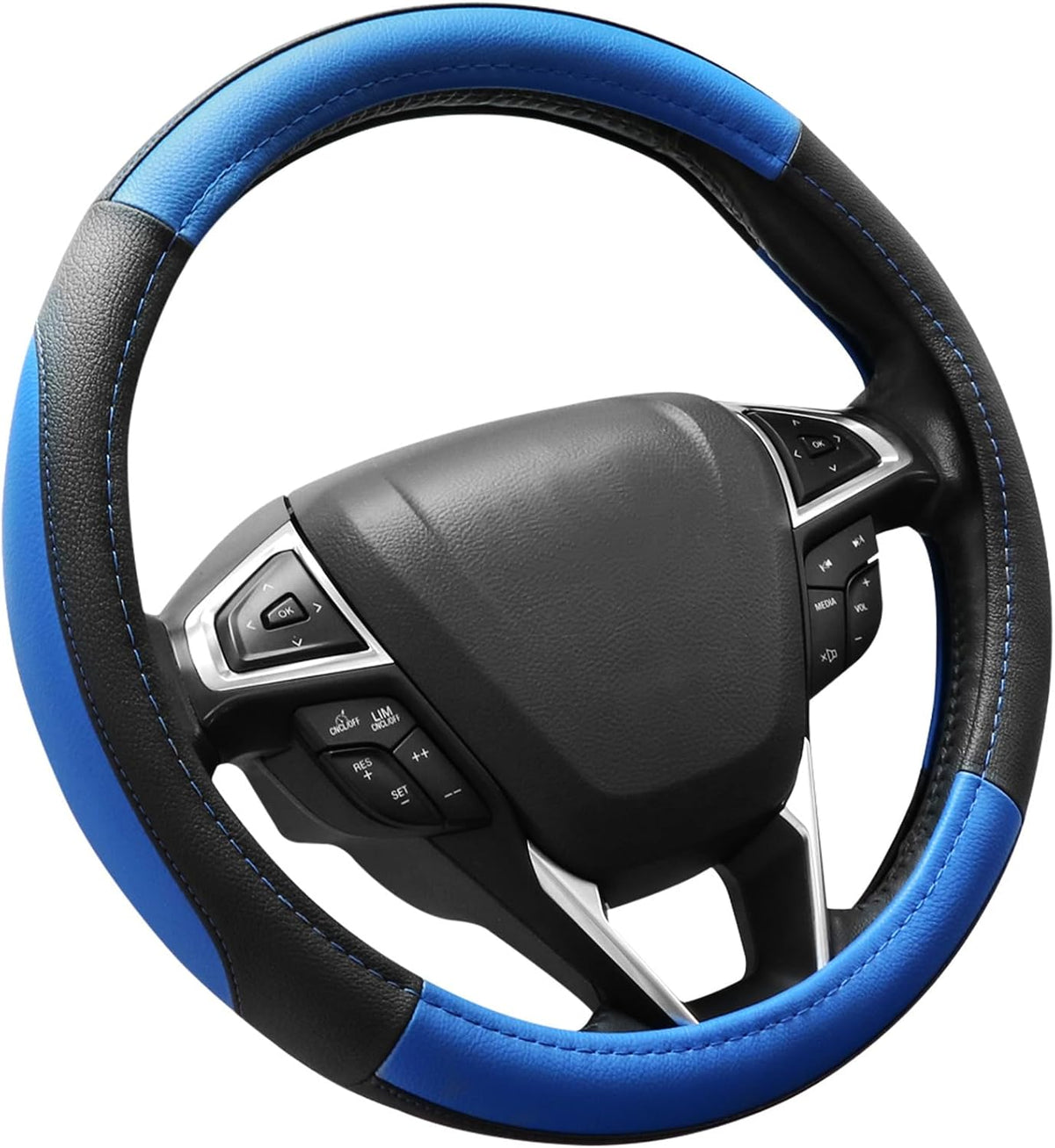 SEG Direct Car Steering Wheel Cover for F-150 Tundra Range Rover 15.5-16 inch, Black and Blue Microfiber Leather
