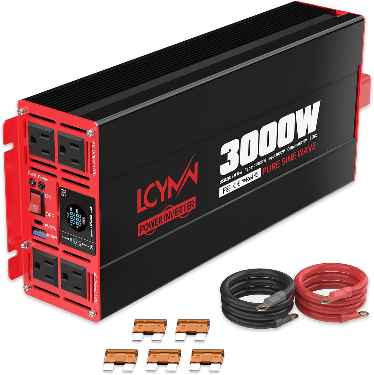 3000 Watts Power Inverter Pure Sine Wave DC 12V to 110V/120V AC 6000W Peak Inverters with 4 AC Outlets Type-C PD30W QC3.0 USB Fast Charging Port Remote Control and LCD Display Solar Off-Grid Converter