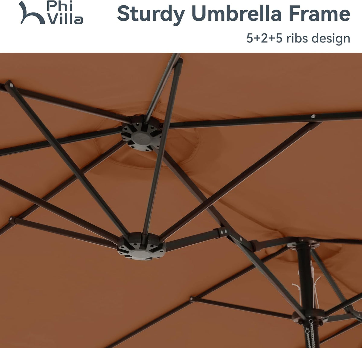 PHI VILLA 15ft Large Patio Umbrellas with Base, Outdoor Double-Sided Rectangle Market Umbrella for Pool Lawn Garden, Maillard Brown