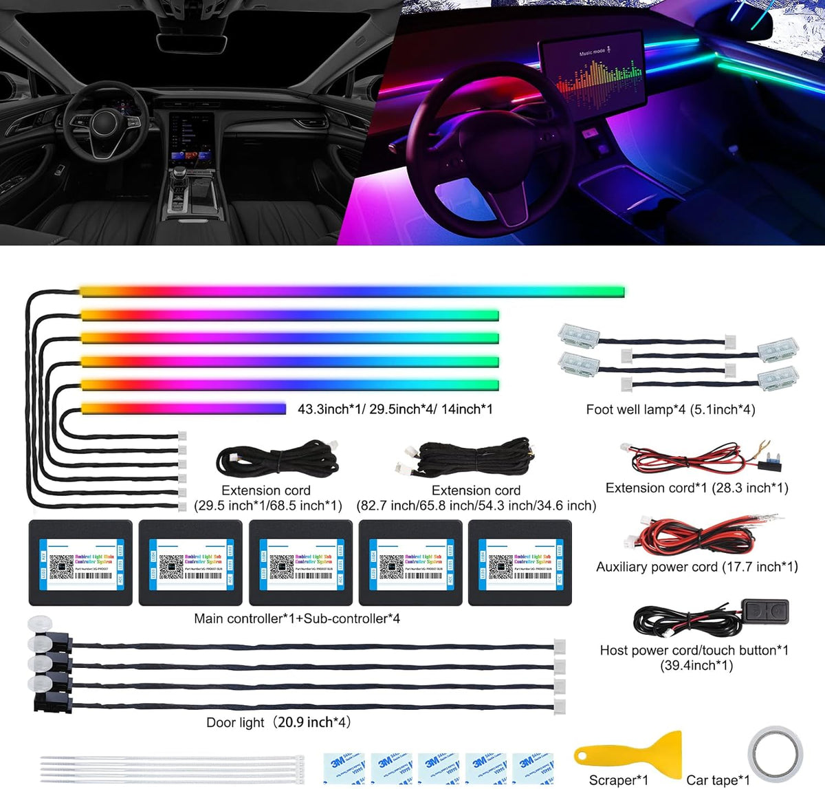 Dreamcolor Acrylic Interior Car LED Strip Light with Wireless APP, RGB 14 in 1 with 175 inches 600 LEDs Fiber Optic Car Ambient Lighting Kits, Dual Zone Sound Active Function LED Strip for Car