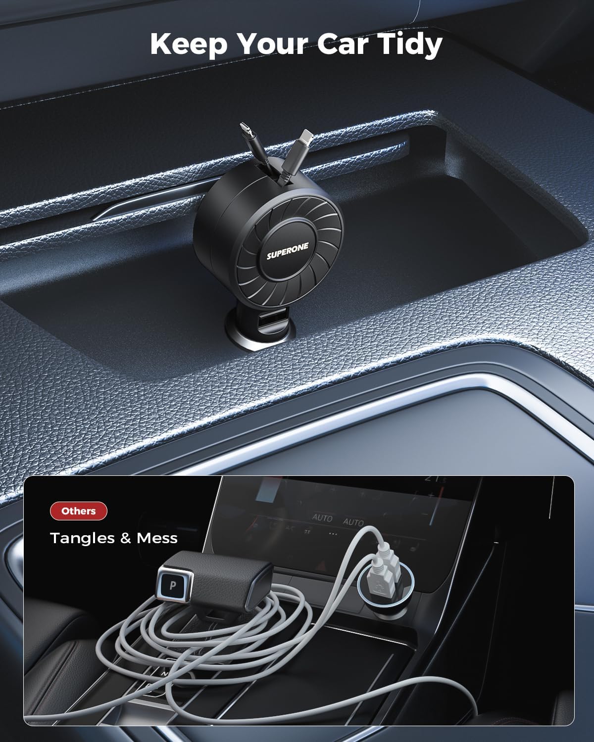 SUPERONE Retractable Car Charger with Retractable Cords, Small Fast Charge Retractable Car Phone Charger for iPhone and Android, Compatible with iPhone 16/15/14/13/12/11 Pro Max Samsung