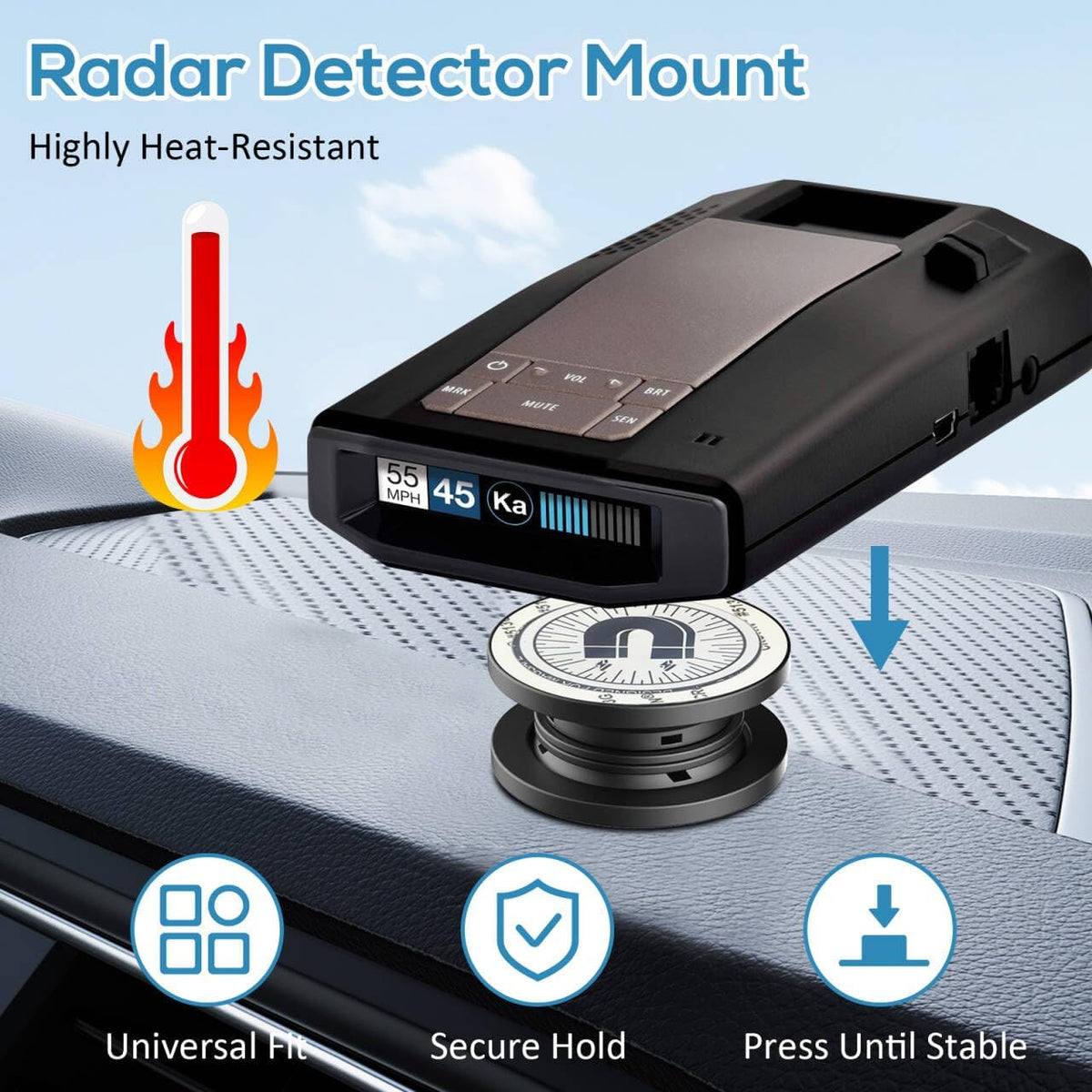 Magnetic Radar Detector Dashboard Mount - Adhesive Holder for Escort,Cobra，Uniden, Valentine One，All Radar Models - Anti-Vibration Stable Fit, Unobstructed View Design - Universal Car Accessory