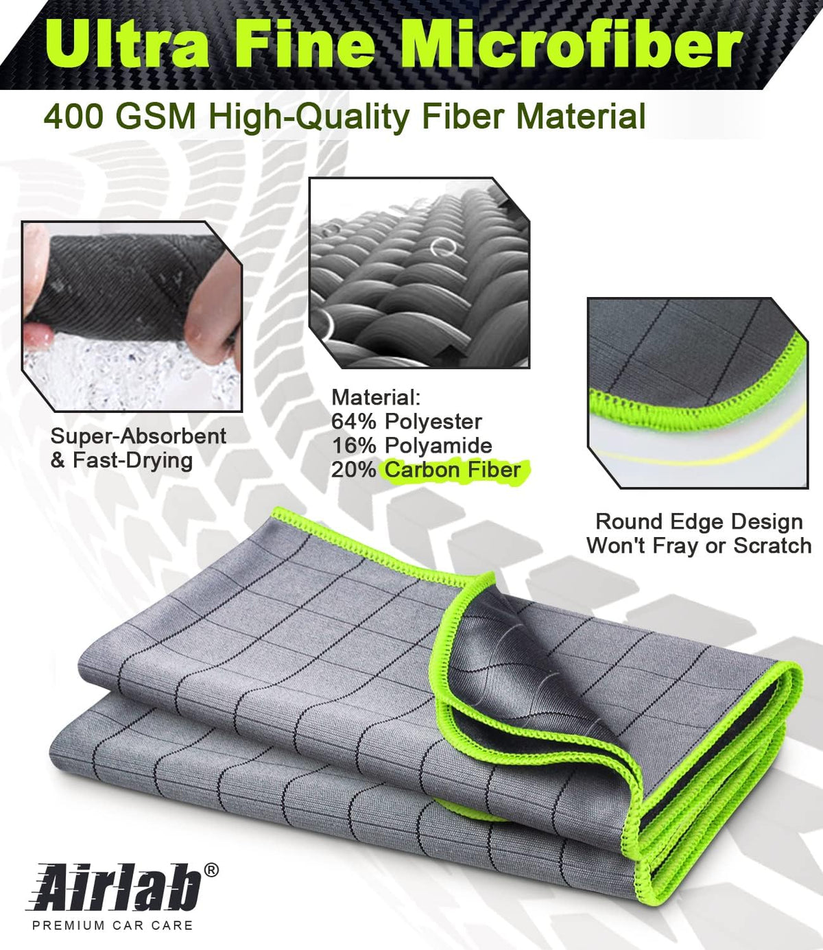 Airlab Carbon Microfiber Towels for Car Glass Window Polishing Cleaning Cloth Auto Detailing Lint Free Streak Free Drying Car Wash Large Towel, Pack of 2, 20" x 16", Grey-Green
