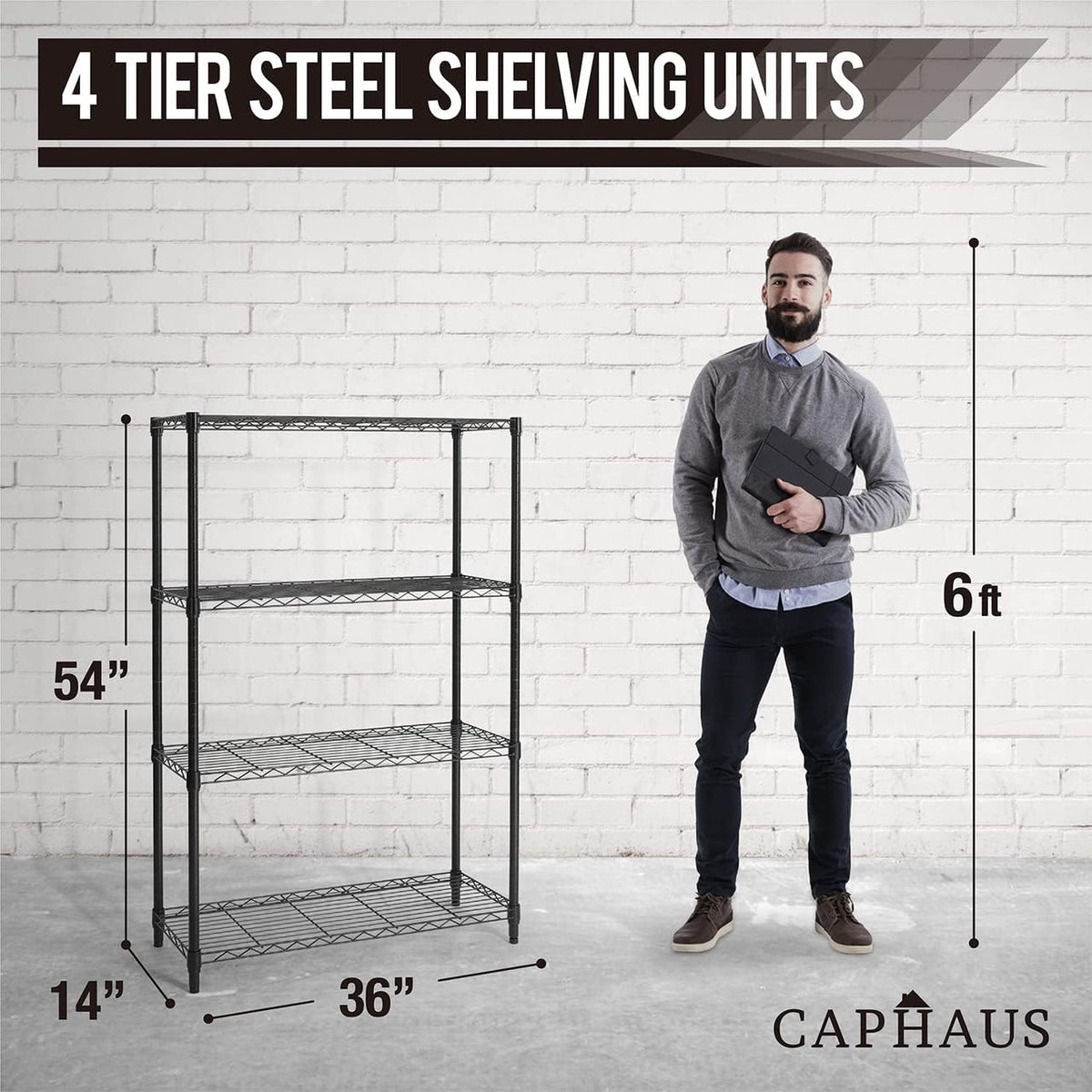 CAPHAUS 4-Tier Adjustable Height Wire Shelving Unit, Wire Rack Shelving, Metal Steel Storage Shelves, Garage Shelving Storage Organizer, Utility Storage Shelf, Without Wheels, Black