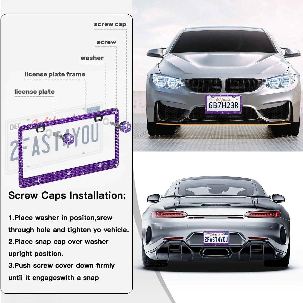2 Pack License Plate Frames for Women, Sparkly Rhinestone Diamond Car Accessories with Glitter Crystal Caps (Violet（2PCS）)