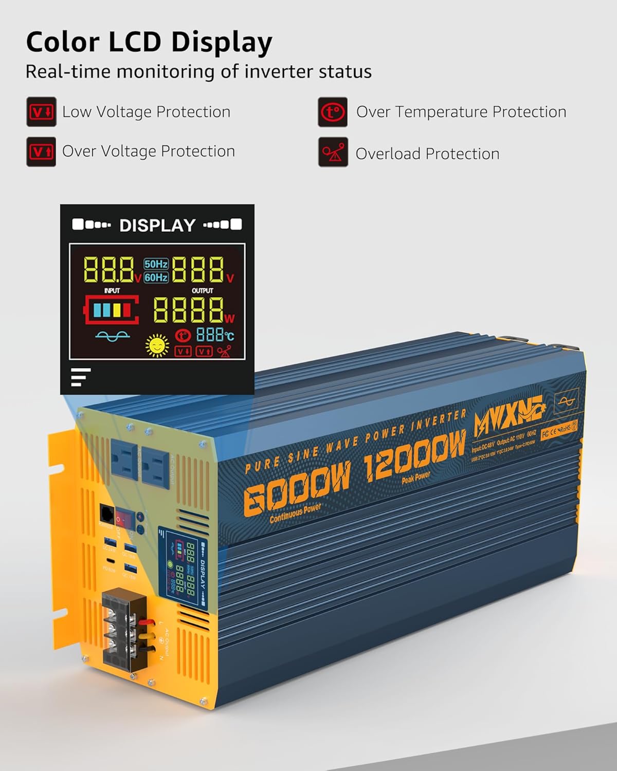 6000 Watt Power Inverter Pure Sine Wave 48V DC to 110V 120V Heavy Duty Inverter with Remote Control and LED Display, 4 USB/Type-C Ports & 2 AC Outlets Car Charger for Vehicles RV