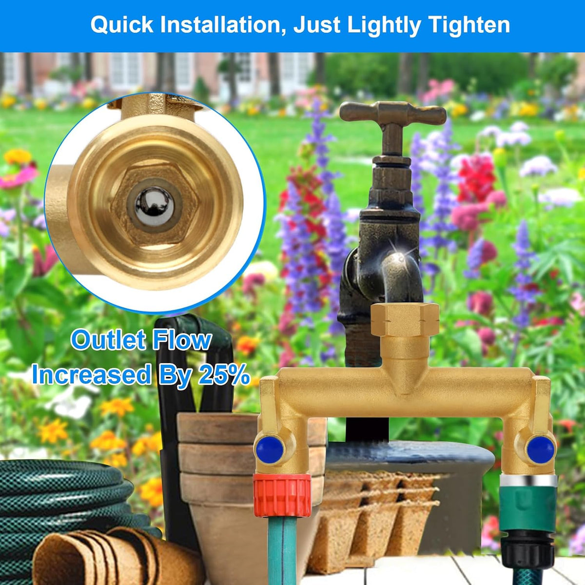 Brass Garden Hose Splitter, Garden Hose Splitter 2 Way Heavy Duty, with 2 304 Stainless Steel Extension Handles, 2-Way Y-Valve 3/4” GHT Threads (Increase Flow Style)