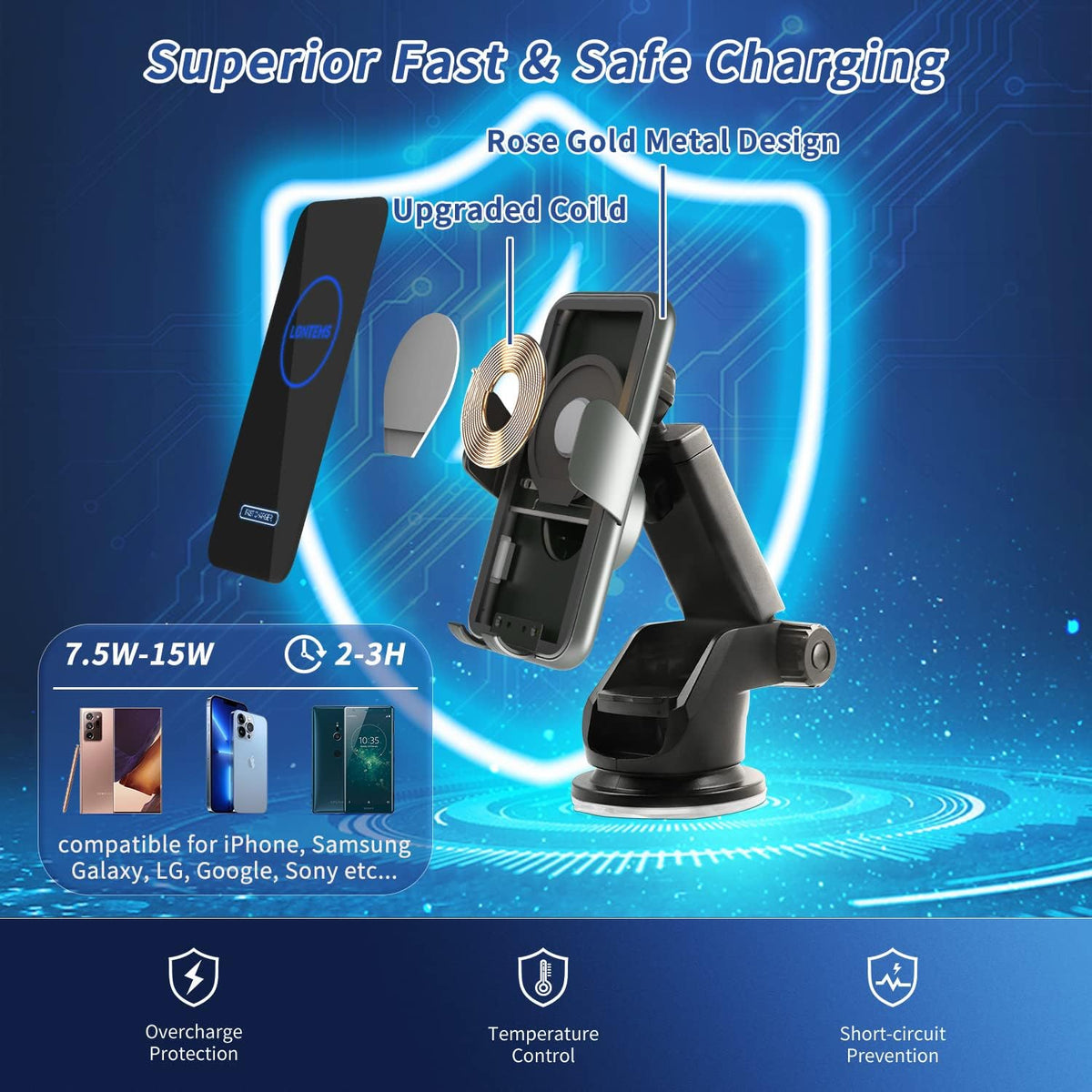 15W Fast Car Mount Charger, Charging Wireless Car Charger Phone Mount Phone Stand, Car Charger for iPhone 15 14 13 12 11 Pro Max, Samsung etc Windshield Dashboard Air Vent Auto Clamping Phone Holder