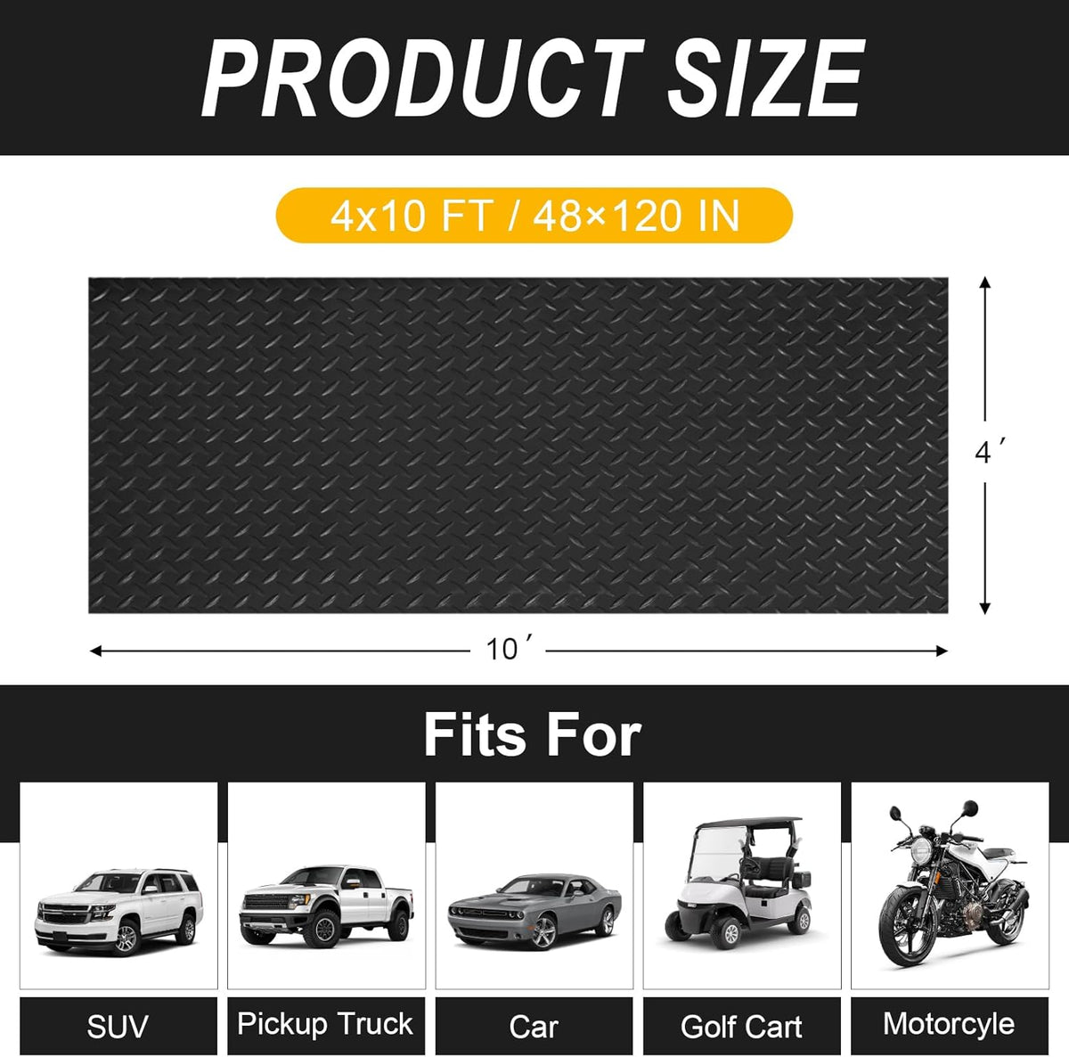 4x10FT Garage Floor Mat, 2.8mm Thickened Flooring Roll for Under Car, Golf Cart Parking Mat, Diamond Plate PVC Rubber Motorcycle Mat, Non-Slip Floor Protector for Garage Warehouse Trailer, Black