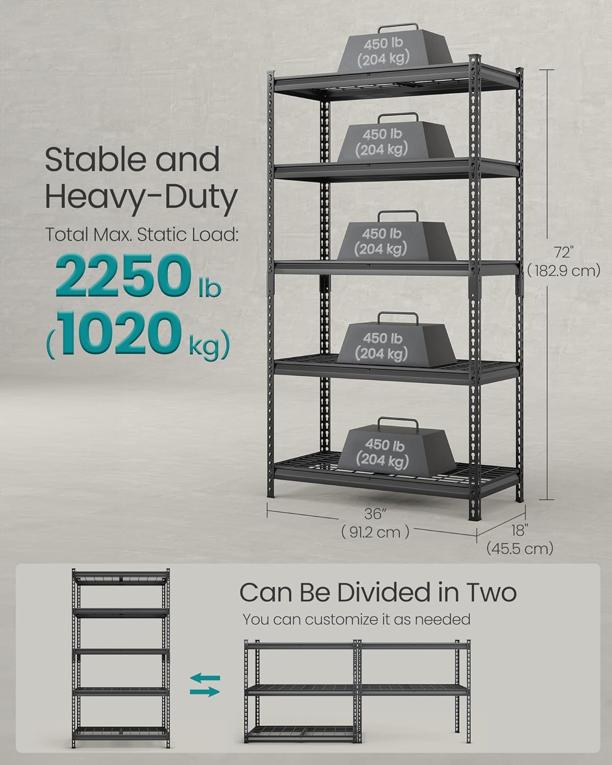 SONGMICS 5-Tier Storage Shelves, Heavy-Duty Garage Shelving, Adjustable Shelving Unit, Steel Shelf, Boltless Assembly, for Garage, Shed, 2,250 lb Load, 18 x 36 x 72 Inches, Ink Black UGLR453B01