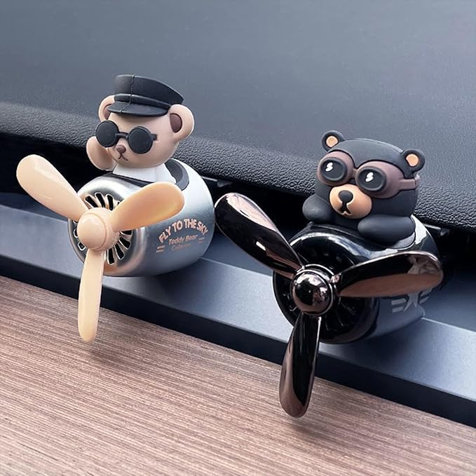 2 Pieces Car Air Fresheners, Cute Bear Pilot Car Diffuser, Propeller Air Outlet Vent Fresheners, Suitable for Automotive Interior Decoration (Black + Silver)