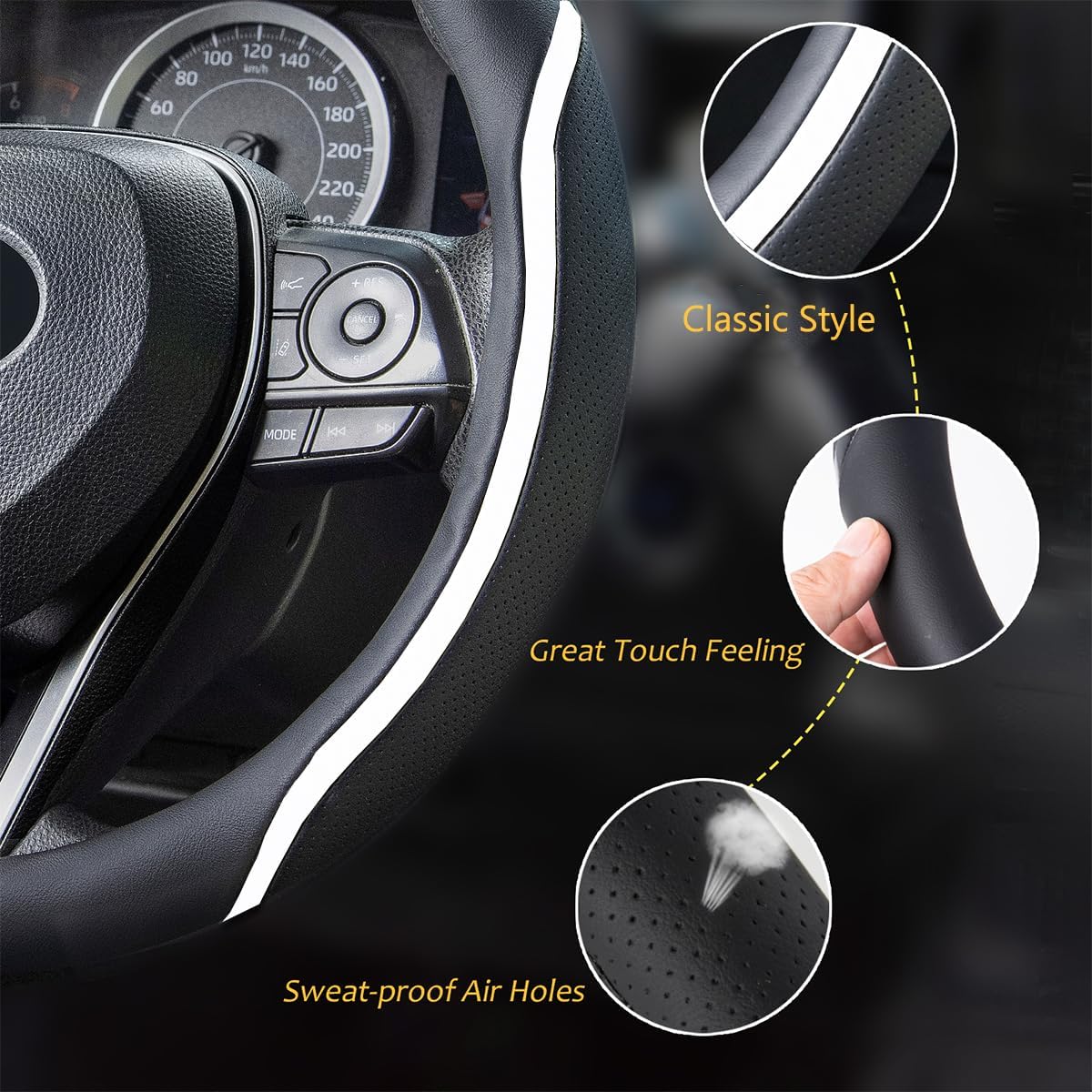 Steering Wheel Cover Black White, Carbon Fiber Car Steering Wheel Covers with Coasters Universal 14.5-15 inch Leather Microfiber Breathable Anti-Slip Steering Wheel Accessories Set