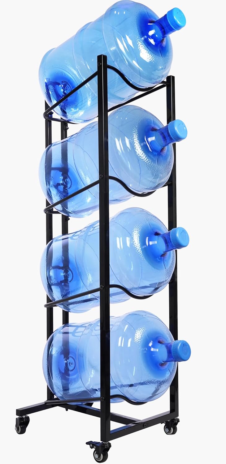 5 Gallon Water Bottle Holder, 4-Tier Heavy Duty Water Cooler Jug Rack, Water Jug Stand with 4 Wheels, Water Jug Rack for Kitchen, Garages - Black