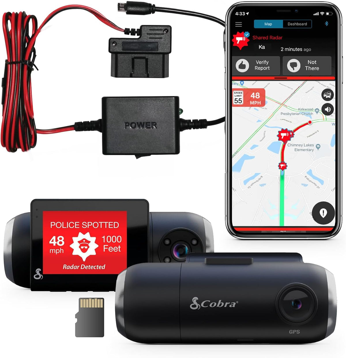 Cobra SC 201 Smart Dash Cam and 2.5A OBDII Port to Micro-USB Hardwire Kit: Front View Camera with Full HD 1080P Resolution, Built-in WiFi & GPS, Live Alerts Through Drive Smarter App