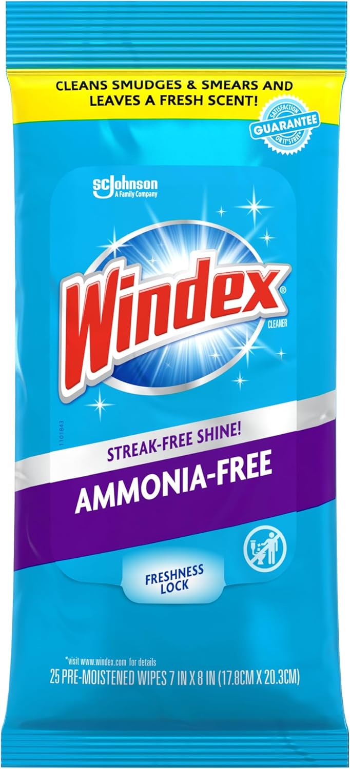 Windex Wipes Glass Cleaning Ammonia Free, Pre-Moistened Wipes for Cleaning All Glass Surfaces, Crystal Rain Fresh Scent, 25 Count