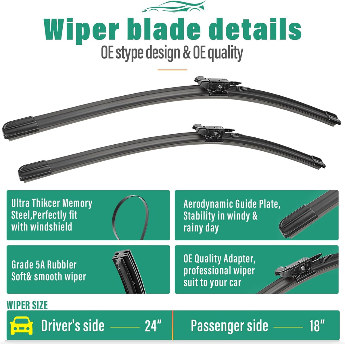 24" 18" 11" Windshield Wiper Blades Replacement for Lincoln Nautilus 2019 2020 2021 2022 2023 2024 / Lincoln MKX 2016 2017 2018 Premium All Weather Front Rear Wipers Set - OEM Quality (Pack of 3)