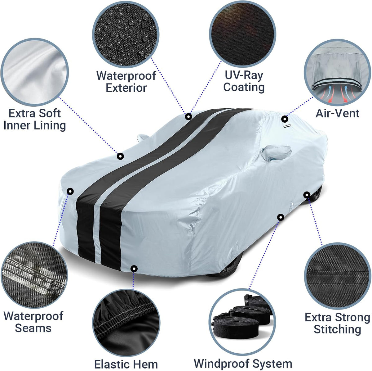 iCarCover Custom Car Cover for Pontiac G5 (2007-2010) Waterproof All-Weather Rain Snow UV Sun Protector Full Exterior Indoor Outdoor Car Cover (Stripe - Gray/Black)