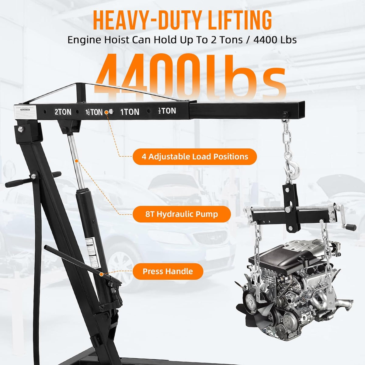 2 Ton Folding Engine Hoist with Lever, Cherry Picker Shop Crane Hoist Lift, 4400 Lbs Heavy Duty Steel Hydraulic Shop Engine Crane for Workshop and Garage, Black