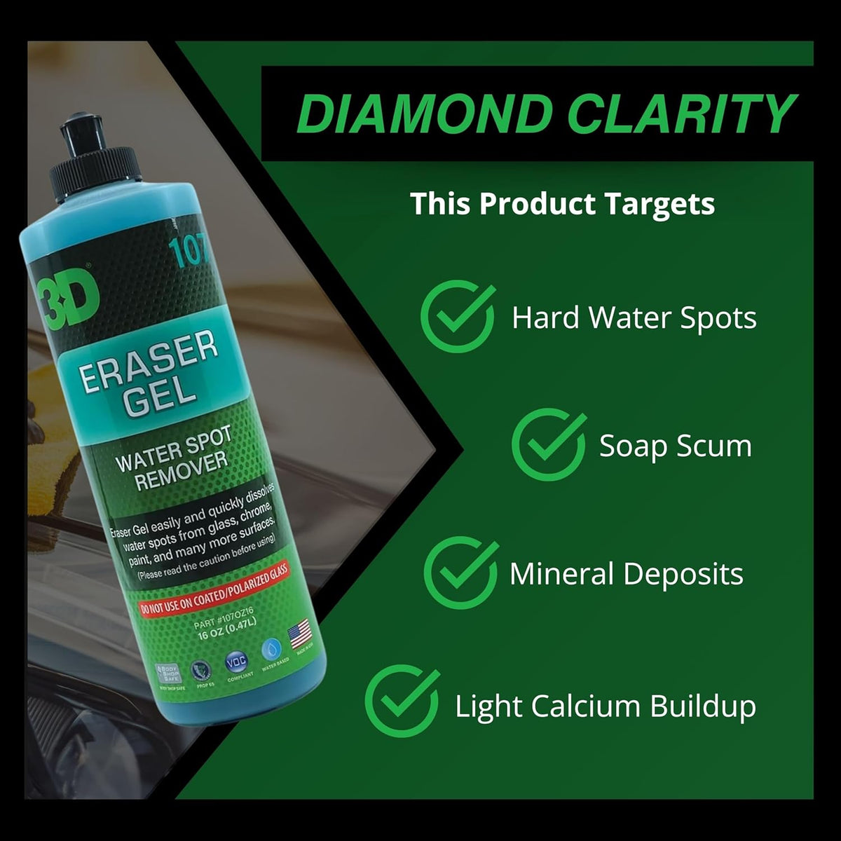 3D Eraser Gel Water Spot Remover – Acidic Gel Formula for Hard Water Spots & Mineral Deposits – Safe for Paint, Glass, Chrome, Plastic & Metal - 16 oz