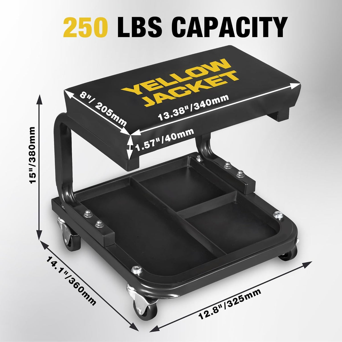 YELLOW JACKET Mechanic Rolling Stool 250 Lbs Capacity, Garage Stool on Wheels with Tool Tray Storage, Work Stools with Wheels for Garage, Shop, Mechanic Chair with Wheels, Auto Repair