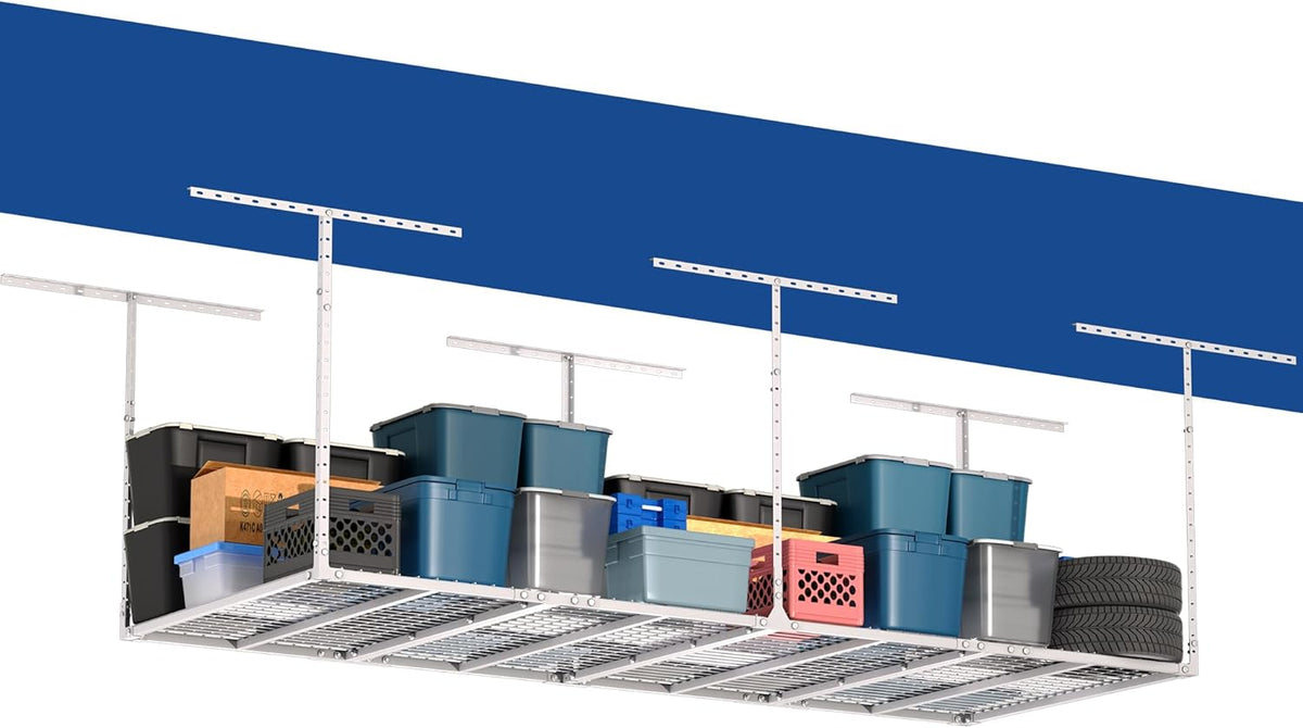 GIOTORENT 3x8FT Heavy Duty Overhead Garage Storage Rack - Adjustable Ceiling Shelving with 600lbs Weight Capacity, Metal Garage Organization System, White