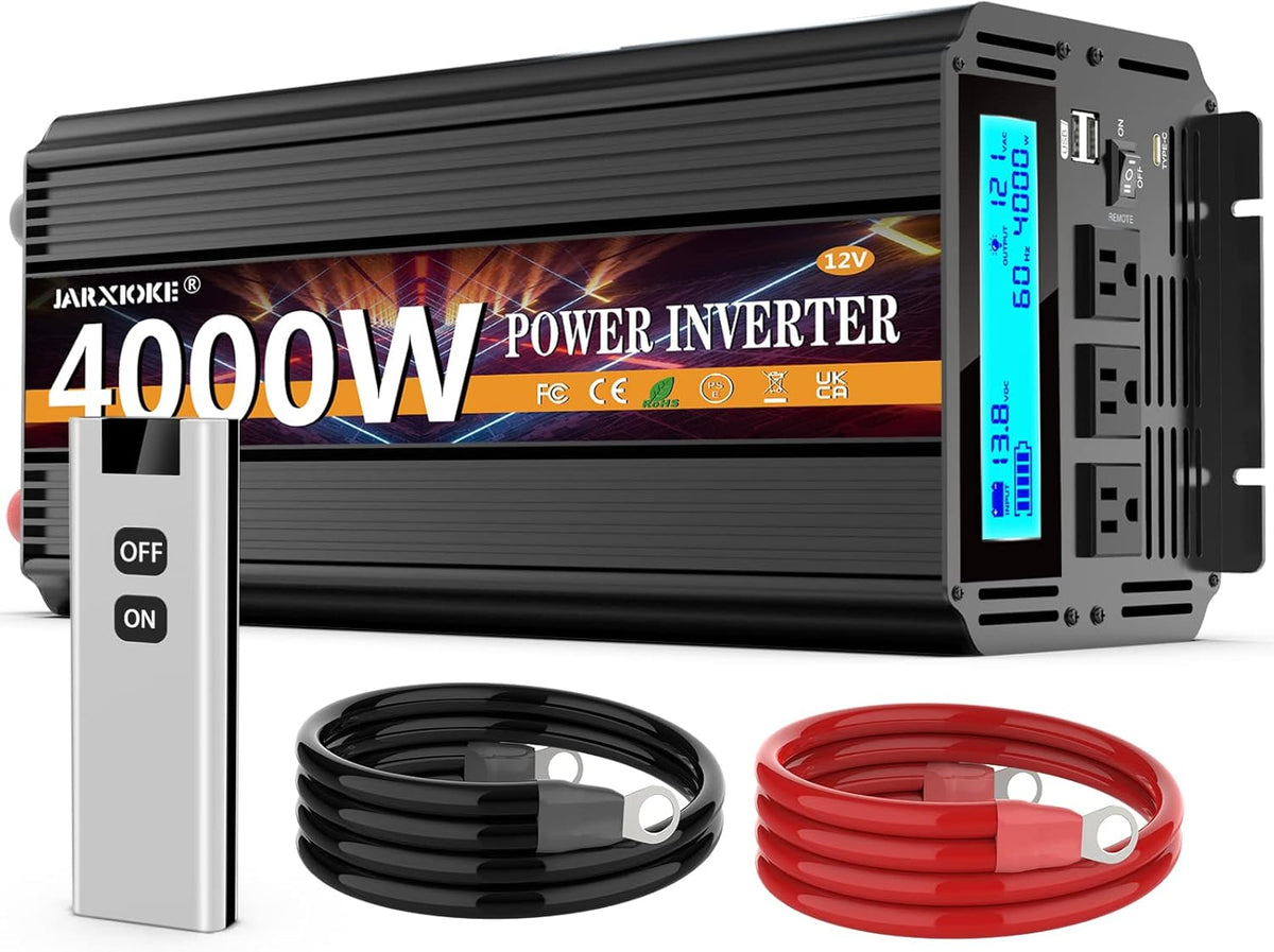 4000 Watt Power Inverter 12V DC to 110V 120V Converter for Family RV Off Grid Solar System Car with Type-C Ports 3 AC Power Outlets Dual USB Ports LCD Display Wireless Remote Control