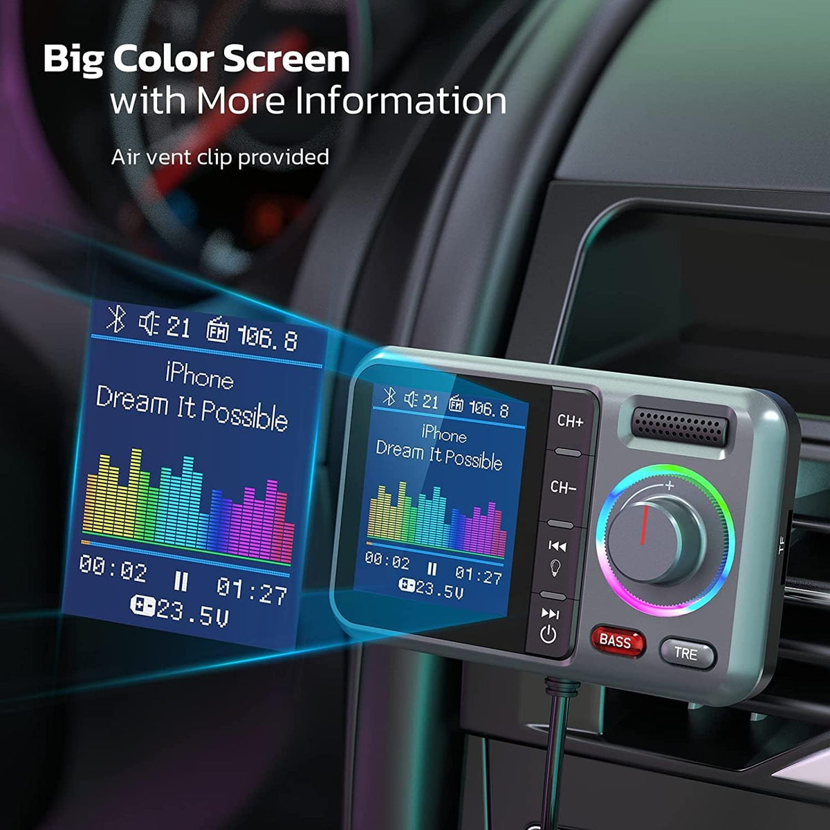 Nulaxy Bluetooth FM Transmitter for Car, Wireless Car Bluetooth Adapter with Big Color Screen, Support QC3.0 Fast Charging, Hands-Free Call, MP3 Music Player BASS&TRE Booster, TF Card AUX-KM28 Grey