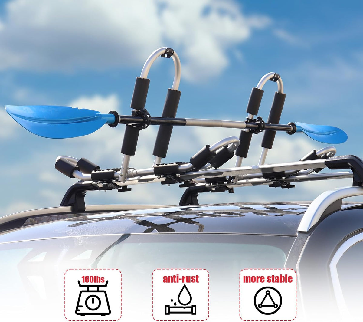 FORWODE Kayak Roof Rack, 2 in 1 Aluminum 2 Pair J-Bar Roof Rack, Folding Adjustable Rack, Weight 160 LBS Heavy Duty Kayak Roof Carrier 2 Kayak, Canoe, SUV, Surfboard on SUV, Car and Truck Crossbar