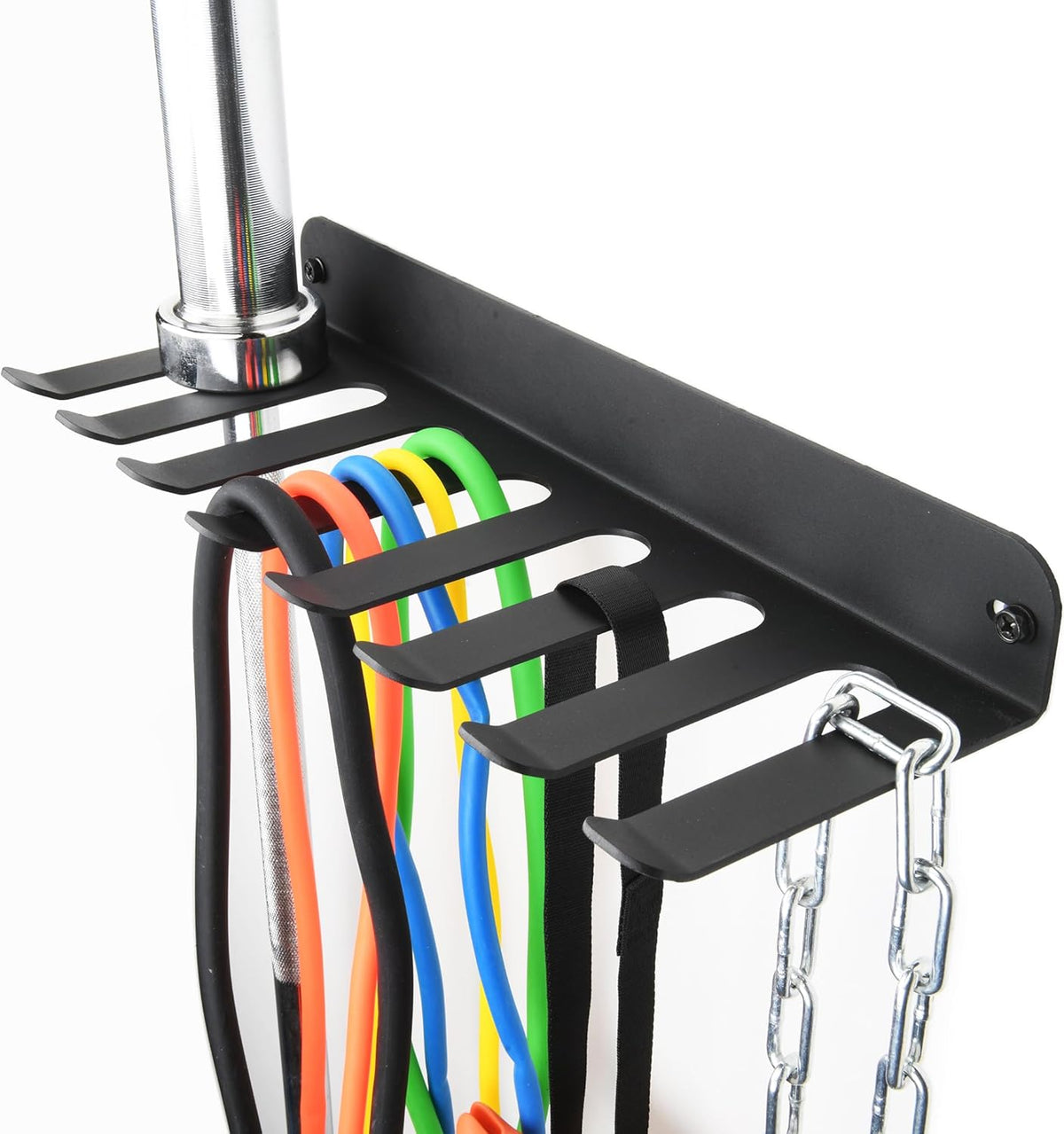 Performance Seven Bars Holder Storage,Custom Powder Coated HEAVY-DUTY STEEL Mount Wall Rack Storage Rack,Weight Room Organizer with 8 Wall Hooks for Exercise Bands Jump Ropes Chains Lifting Belts
