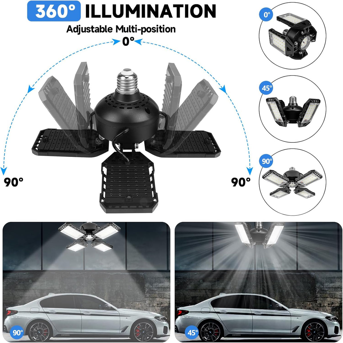 LED Garage Lights 4 Pack -120W, 12000LM 6500K Led Shop Light with 4+1 Deformable Panels, Basement Barn Light Garage Ceiling Lights, E26/E27 for Garage, Warehouse, Shop