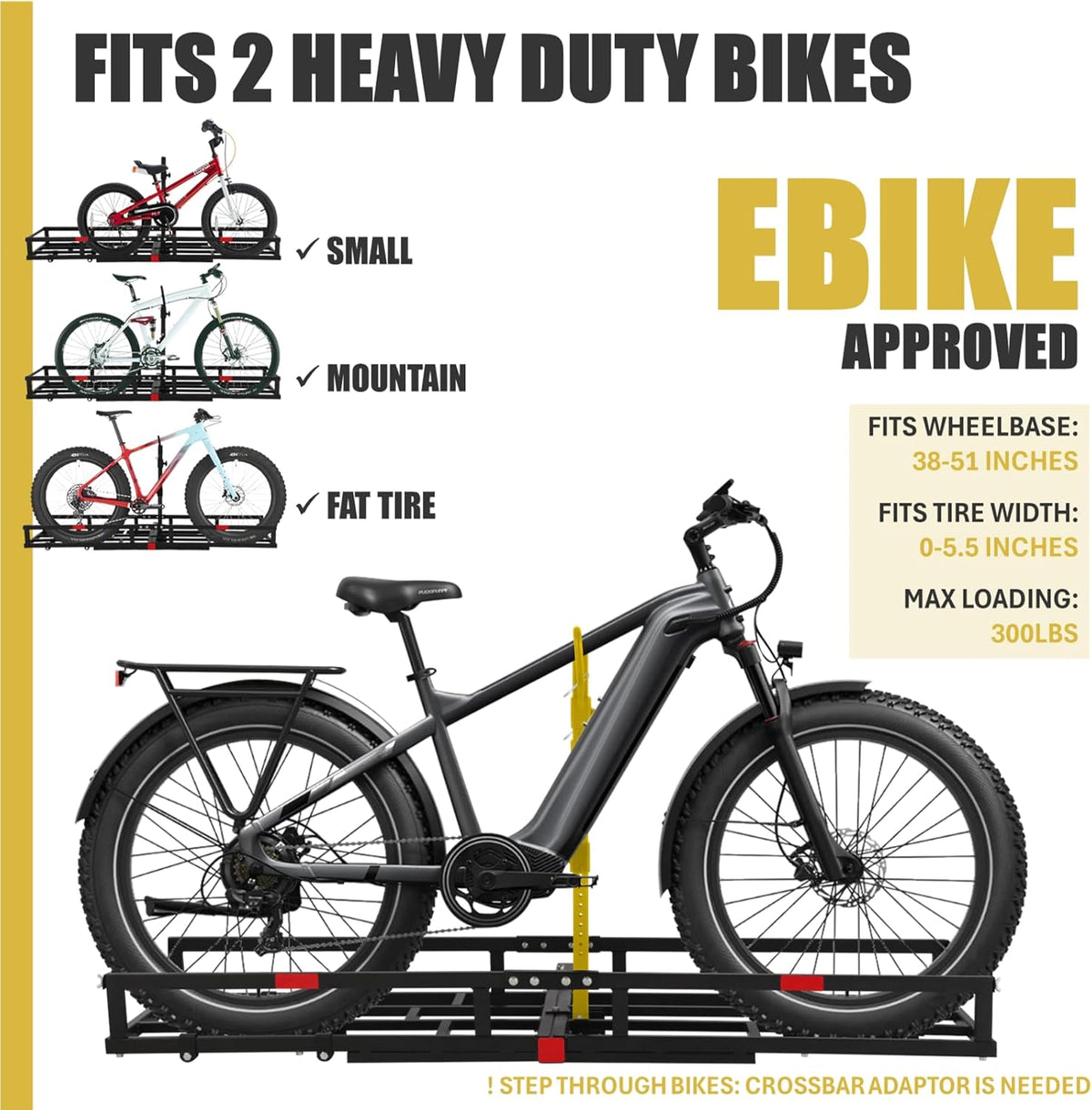 Hitch-Mount Bike Rack for Ebike Heavy-Duty - Comes with Cargo Carrier Fits 2 Electric Fat-Tire Mountain Bicycles Fits 2" Receiver for Car Trailer SUV Truck RV Minivan (Gold)