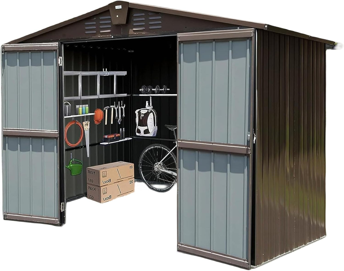IKERY Metal Storage Shed - 10' x 8' with Double Lockable Doors, Large Garden and Backyard Tool Shed for Bikes, Weather - Resistant, Brown