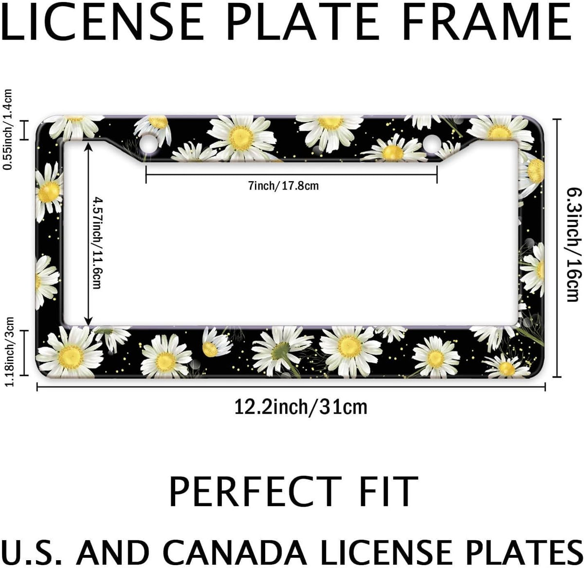 Daisy Flowers Car License Plate Frame, Flowers Print Tags Frames Holder Covers, Metal Aluminum Rustproof Car Accessories US Canada Standard with Screws for Women Men 6x12 Inch 2 Holes
