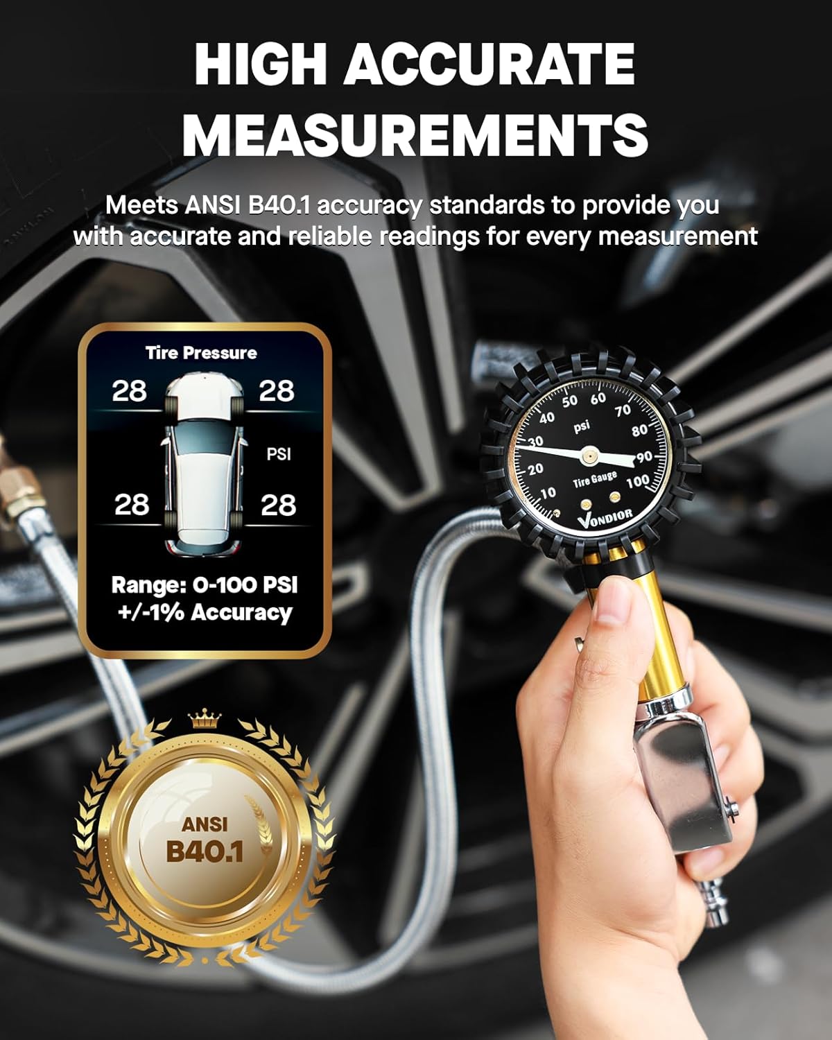 Vondior Tire Inflator with Pressure Gauge(0-100 PSI) - ANSI B40.1 Accurate, Large 2" Glow Dial, Premium Braided Hose, Durable Rubber Hose, Perfect for Any Car, Truck, Motorcycle, RV