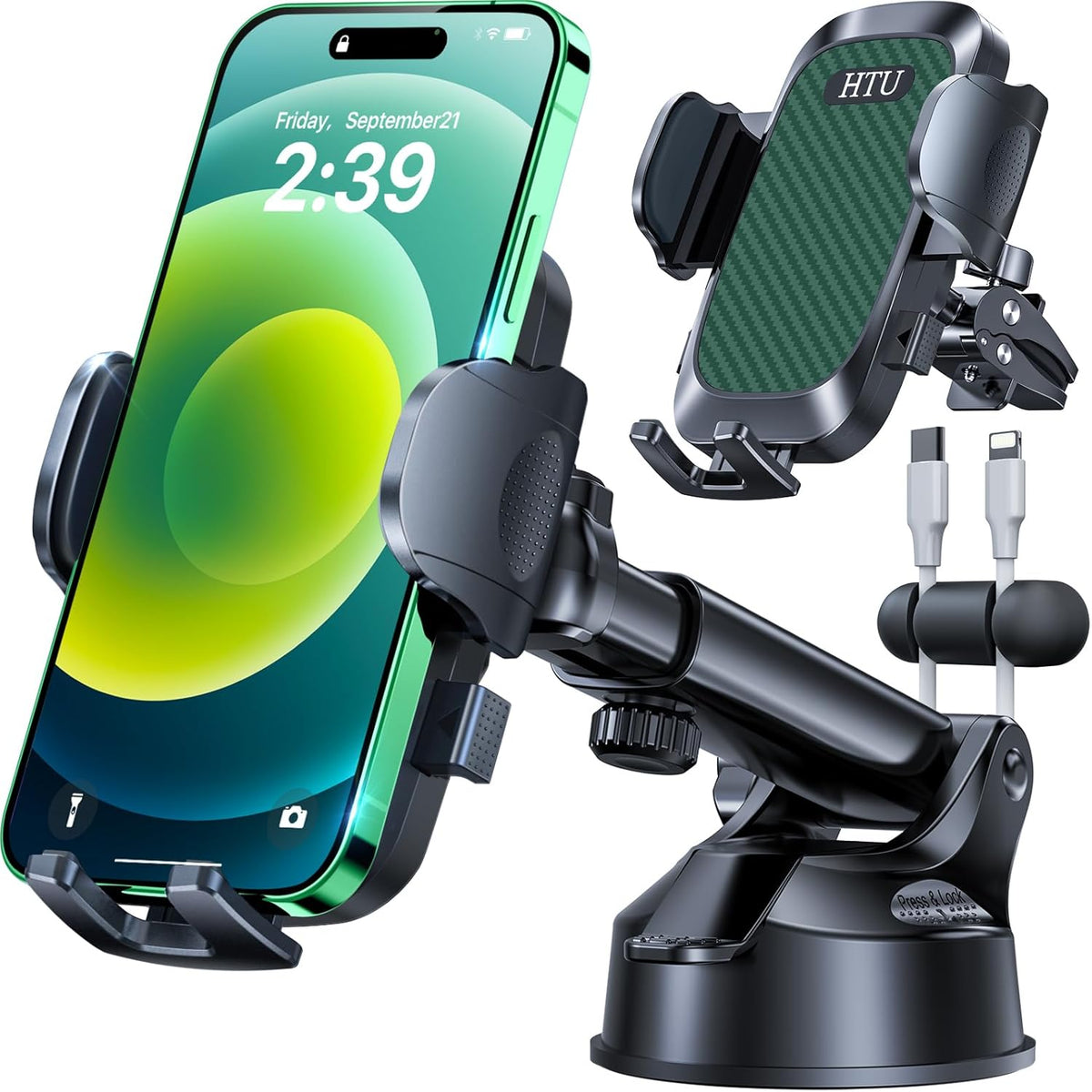 HTU 2025 Best Car Phone Holder 【Ultimate 5-in-1 & Upgraded 100+LBS Strongest Suction】【True Military-Grade & Safety Cert】 360° Windshield Dashboard Vent Mount Stand for iPhone Android & Truck, Green