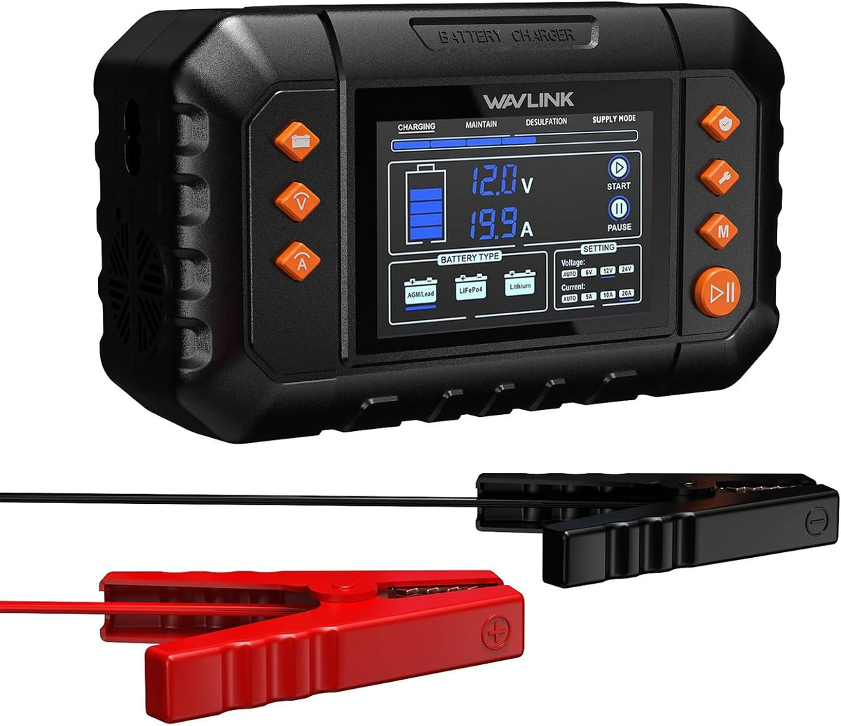 WAVLINK Smart Battery Charger, 20-Amp, Car Battery Charger with LCD Display, for 6V/12V/24V Lead-Acid/Lithium/LiFePO4 Batteries, Trickle Battery Maintainer and Desulfurizer for Car, Boat, Motorcycles
