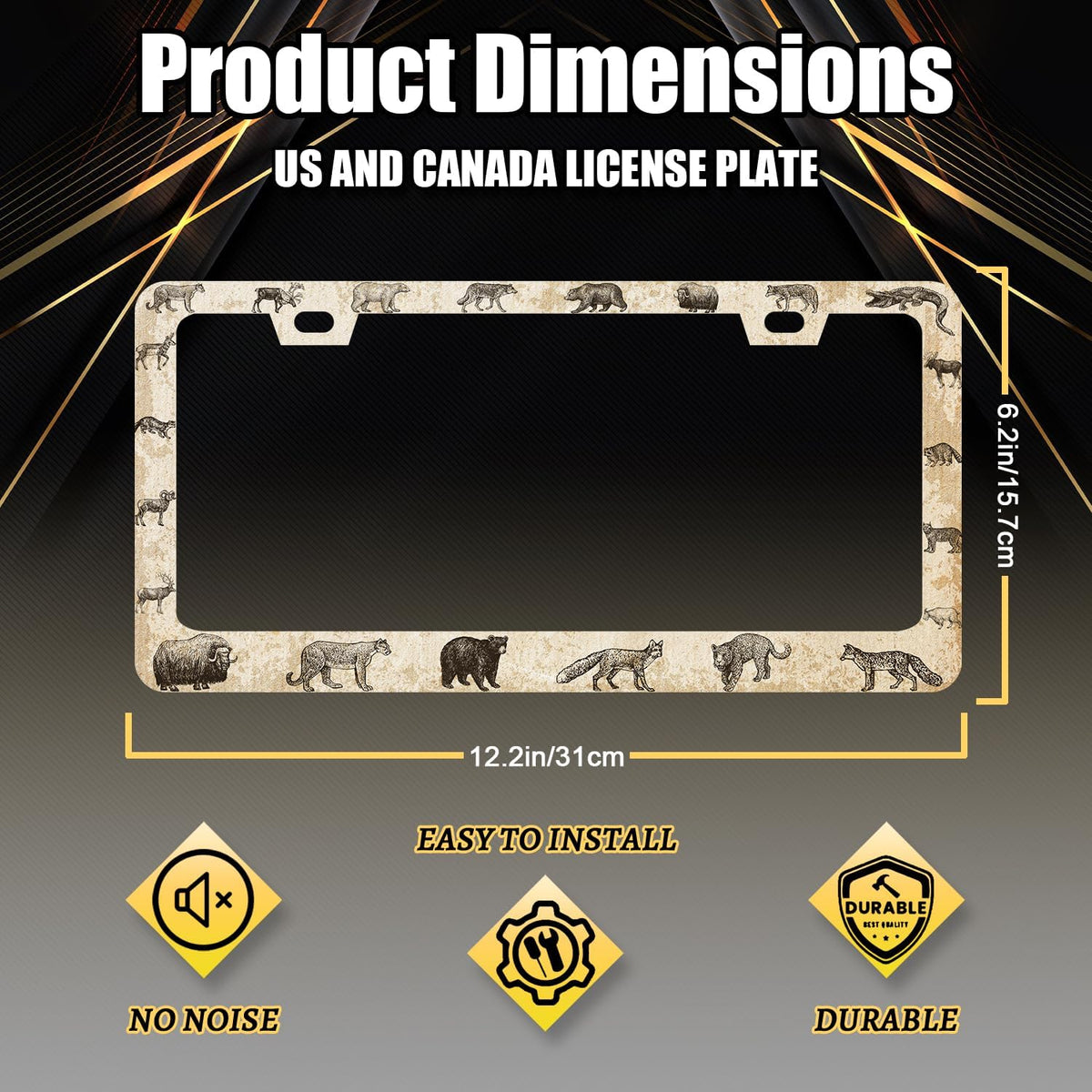 Vintage Animals License Plate Frame Animal Bear Tiger Wolf License Plate Holder Stainless Steel Funny License Plate for USA Canada 6.3" X 12.3" with 2 Holes and Screws