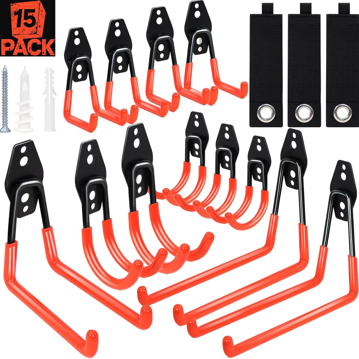 15 pcs Garage Wall Hooks Garage Storage Hook with Anti-Slip Coating,Heavy Duty Wall Mount Hooks for Hanging Bike, Ladder, Power Tools with Extension Cord Holder Organizer