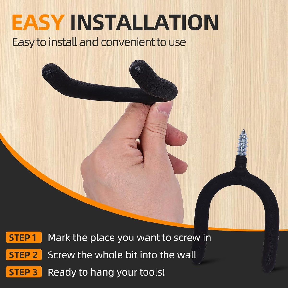 6 Pack Garage Storage System Steel U Hooks with Anti-Slip Coating Home Improvement and Organization Screw in Hooks Easy Wall Mounting Heavy Duty Bike and Ladder (Black, 6 Pack)