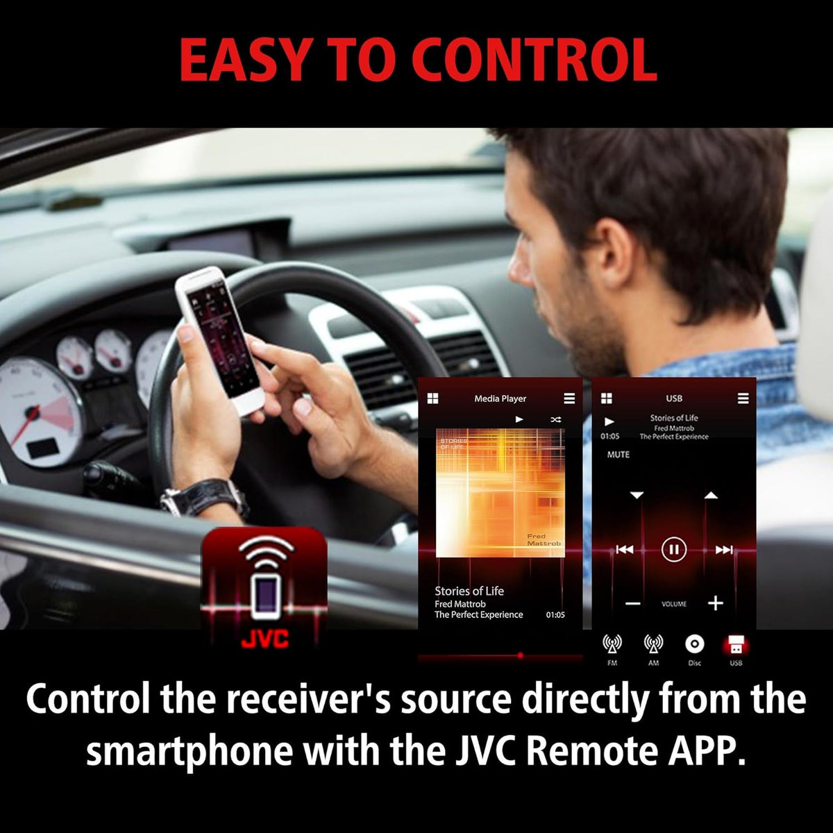 JVC KD-SX27BT Car Stereo with Bluetooth, 100W Digital Media Receiver, 1.5A USB to Charge Devices, Single DIN Head Unit, AM/FM, Aux-in, JVC Remote App