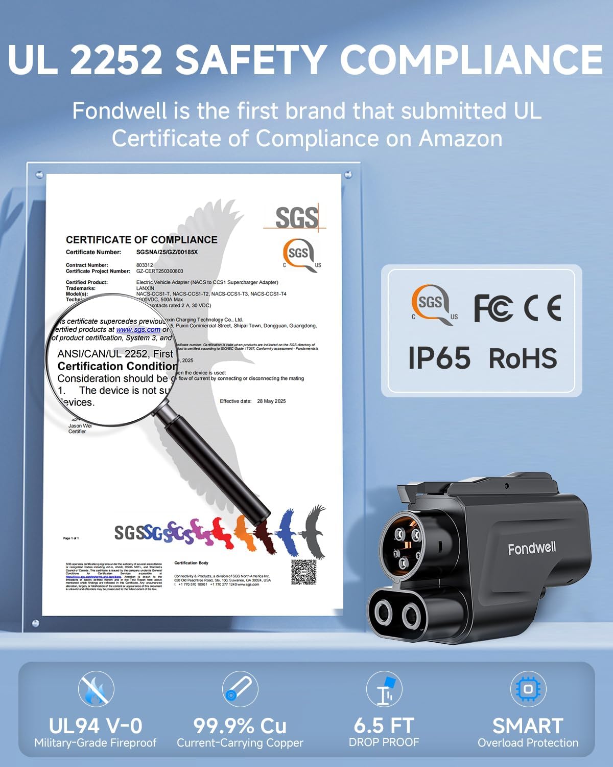 Fondwell NACS to CCS Charger Adapter: UL 2252 Safety Compliance Verified by SGS - Compatible with Tesla V3/V4 Supercharger - 250kW 1000V 500A DC Fast Charger Adapter for CCS1 Electric Vehicles