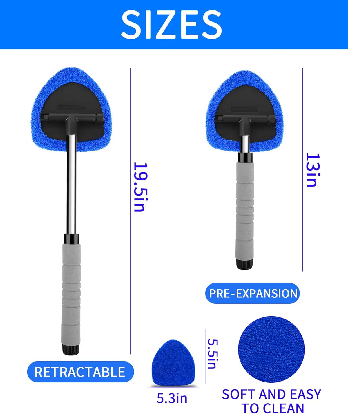 Auto Window Cleaning Tool, Retractable Windshield Cleaner Wand, Car Window Glass Cleaning, Double Sided car Window Cleaner, Microfiber Mirror Cleaning Tool kit. Car Interior Cleaning. (Blue)