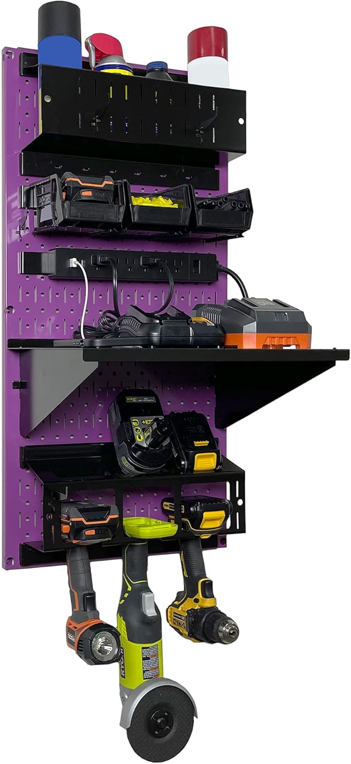 Wall Control Power Tool Storage Organizer Kit Cordless Drill Holder Charging Station Rack 16” x 32” Metal Pegboard Organization System (Purple Pegboard)