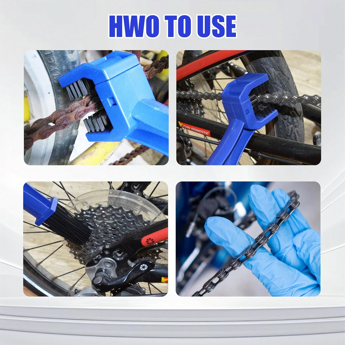 6 PCS Motorcycle Chain Cleaning Kit, Double-Head Universal Chain Brush, with Three-Sided Long Bristles, Easy to Use, Suitable for Motorcycles, Bicycles, Mountain Bikes (Black, Blue, Orange, Red)