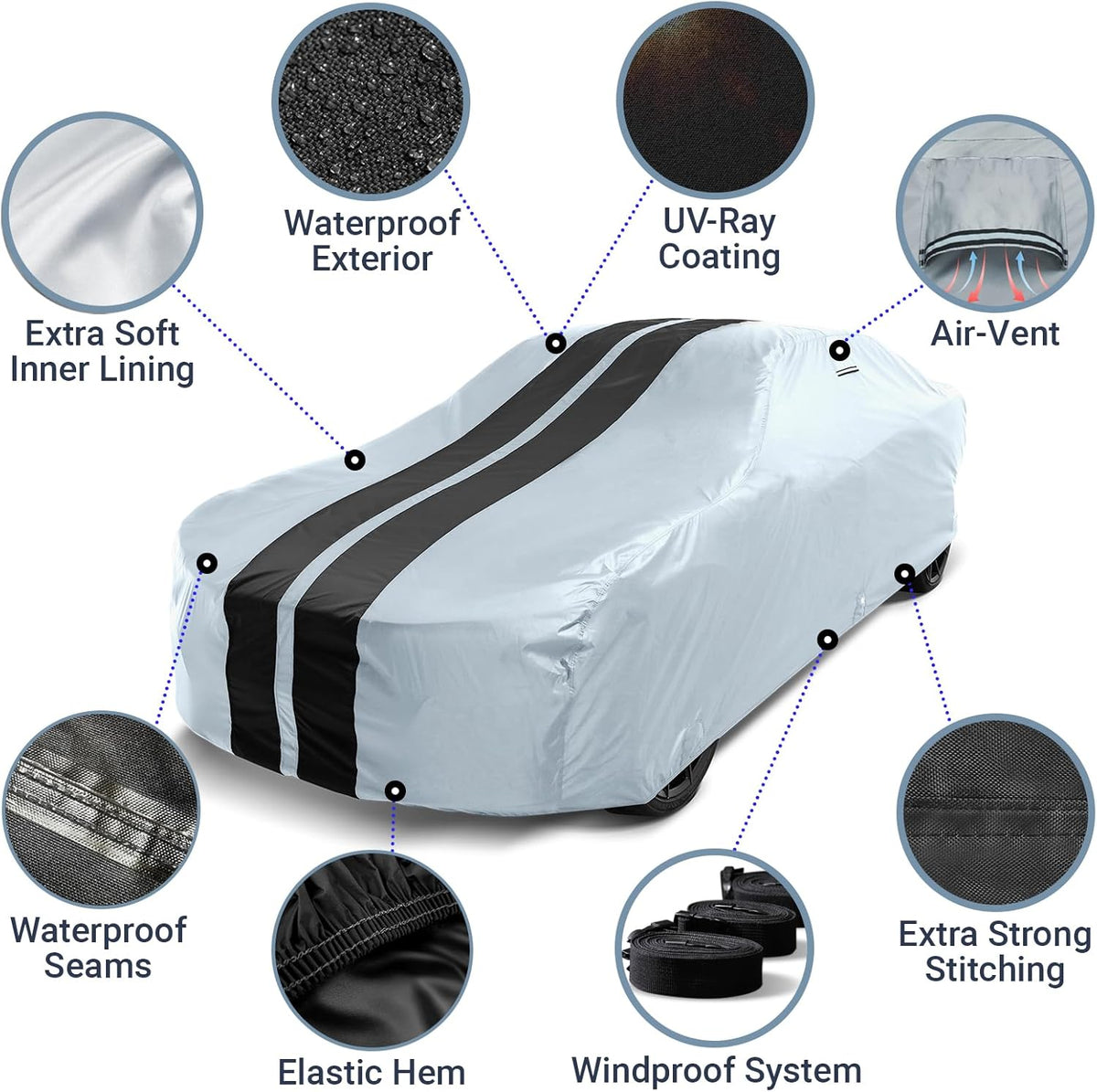 iCarCover Custom Car Cover for Pontiac Torpedo (1940-1948) Waterproof All-Weather Rain Snow UV Sun Protector Full Exterior Indoor Outdoor Car Cover (Stripe - Gray/Black)