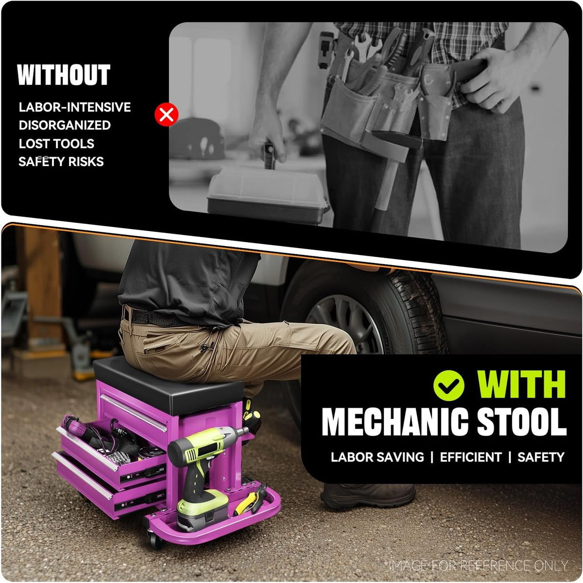 Auto Dynasty 3-Drawer Mechanic Rolling Seat, 350 LBS Capacity Roller Garage Shop Seat with Storage Tool Tray for Workshop, Repair Shop, Warehouse, Purple
