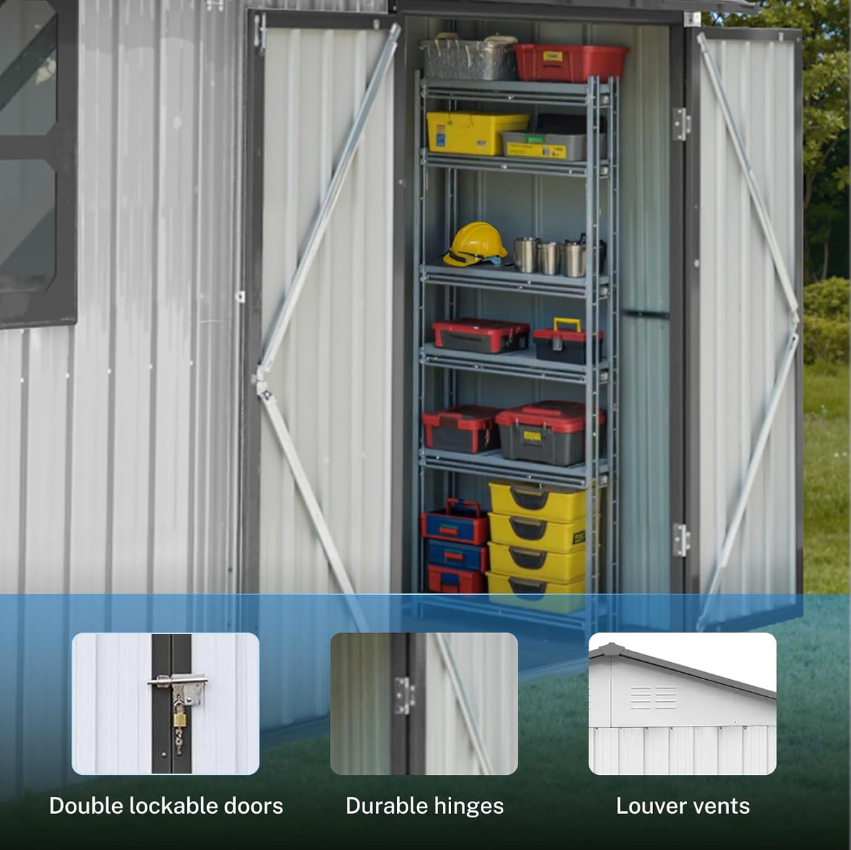 12 x 10 FT Outdoor Storage Shed, Metal Garden Tool Shed with Slooping Roof, Lockable Doors and Aluminum Frames, Easy to Assemble for Garden, Patio, Lawn, White+Yellow