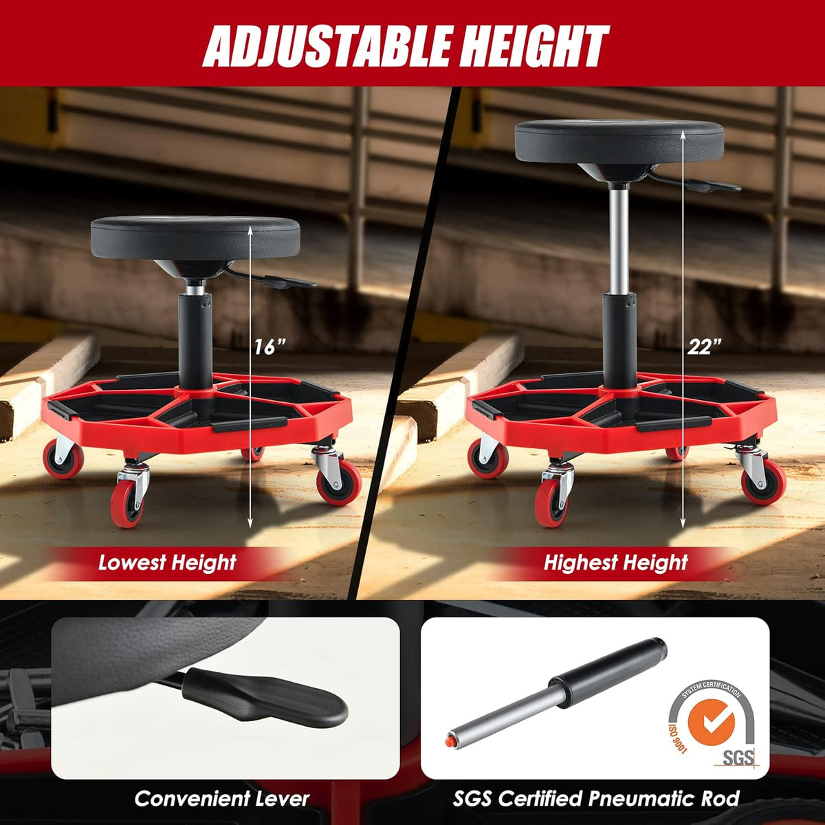Goplus Garage Stool, 16”-22” Adjustable Rolling Mechanic Stool with Universal Wheels, Removable Magnetic Tool Tray, 2” Thick Padded Cushion, 330LBS Capacity, Roller Creeper Seat, Shop Chair