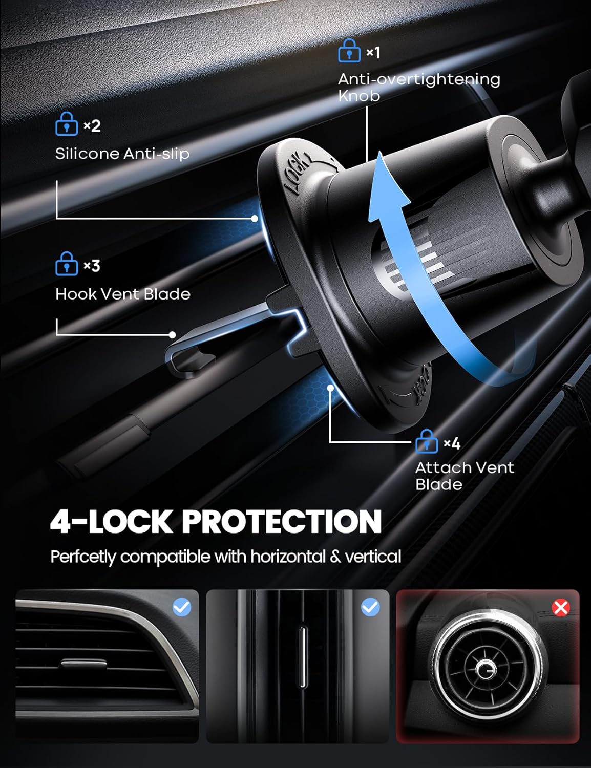 Lamicall 2025 Wider Clamp & Metal Hook Car Phone Holder Vent [Thick Cases Friendly] Phone Holders for Your Car Mount Automobile Hands Free Cradle Air Vent for iPhone 16 15 14 13 Pro Max Smartphone