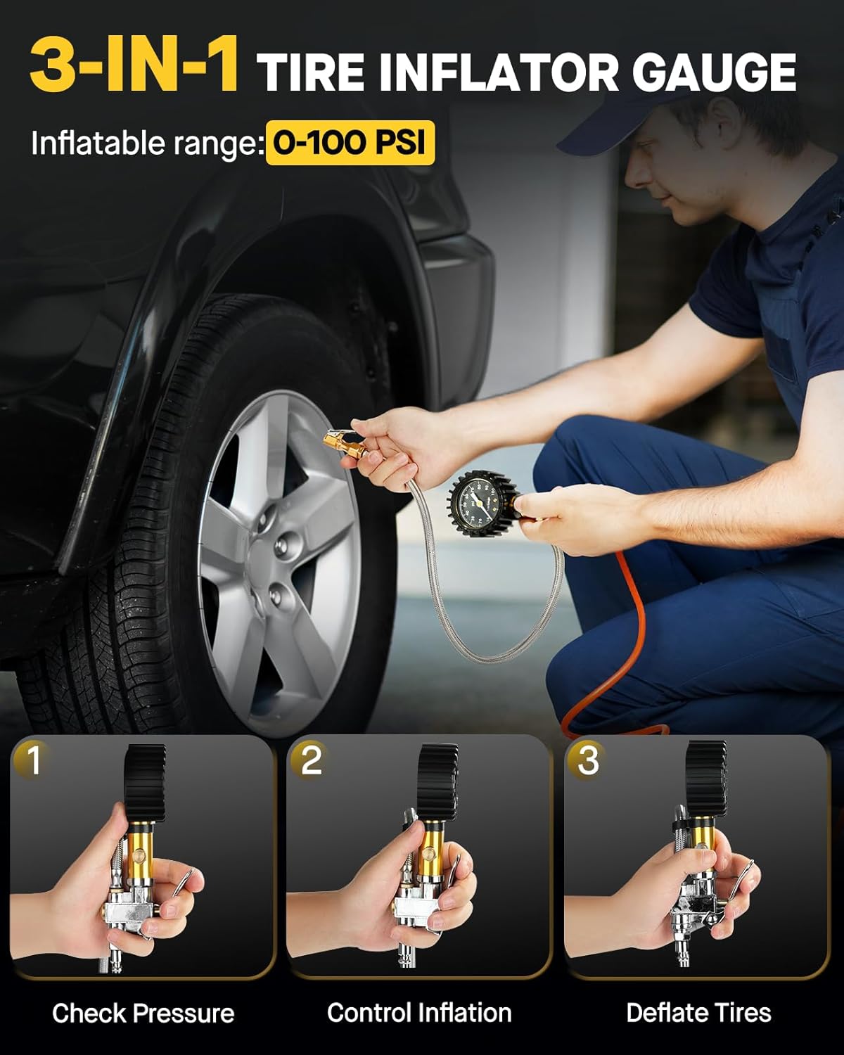 Vondior Tire Inflator with Pressure Gauge(0-100 PSI) - ANSI B40.1 Accurate, Large 2" Glow Dial, Premium Braided Hose, Durable Rubber Hose, Perfect for Any Car, Truck, Motorcycle, RV